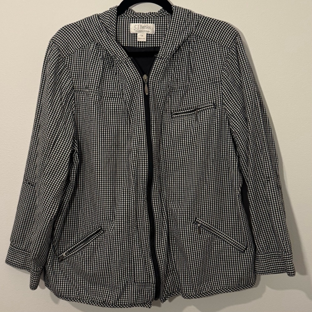 C.J. Banks Gingham Zip-Up Hooded Jacket – Women’s 1X Black & White Check Cotton